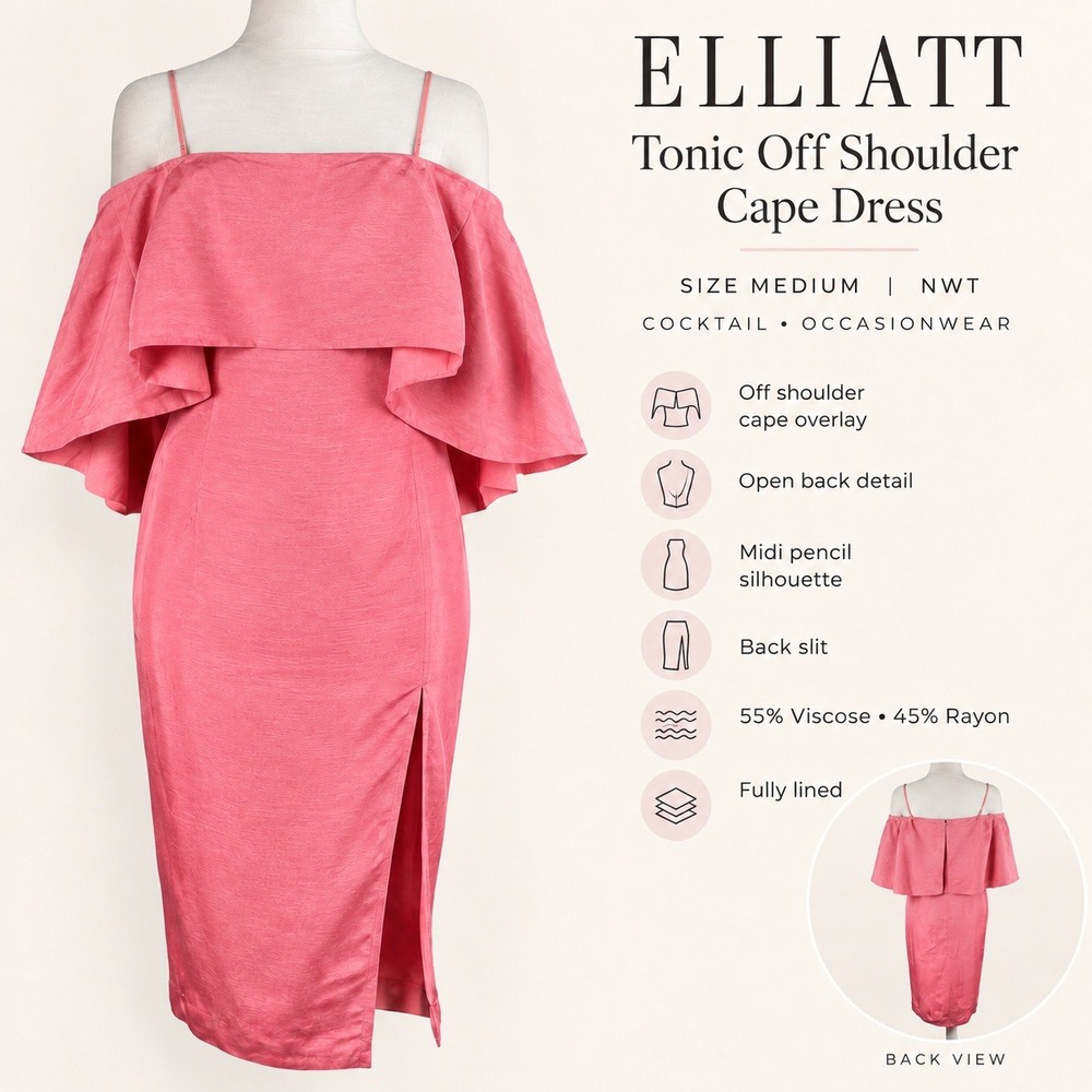 Elliatt Tonic Pink Off Shoulder Cape Pencil Cocktail Dress‎ Size Medium Luxe NWT